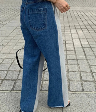 Jeans Donna Denim Streetwear Bicolore Oversize Zip Bottone Tasche Wide Leg