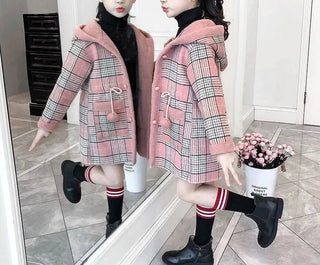 Abbigliamento Bambina Autunno Inverno Cappotto Fantasia Quadretti Cappuccio Cintura Pompon Casual Elegante - DA NOTARE