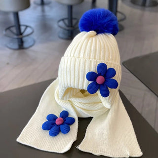 Accessorio Bambina Cappello Sciarpa Set 2 Pezzi Fiore Pompon Autunno Inverno Caldo - DA NOTARE