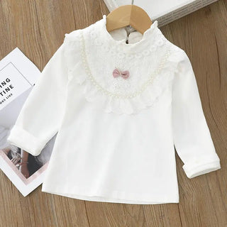 Blusa Camicia Bambina Volant Pizzo Bianco Perline Fiocco Rosa Elegante Cotone - DA NOTARE