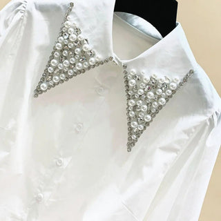 Camicia Bianca Donna Elegante Colletto Ampio Perle Brillantini Bottoni Polsini Chiffon - DA NOTARE