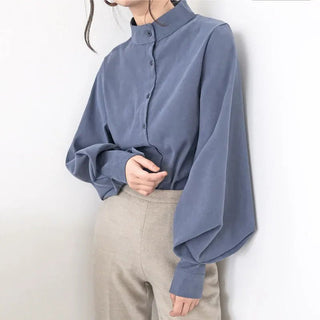 Camicia Blusa Donna Casual Colletto Coreano Manica Lunga Girocollo Monocolore Monopetto - DA NOTARE