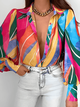 Camicia Donna Multicolore Colletto Monopetto Scollo V Manica Lunga Sbuffo Casual Comoda - DA NOTARE