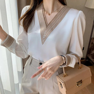 Camicia Elegante Chiffon Donna Manica Lunga Scollo V Bianco Colletto Polsini Ricamati - DA NOTARE
