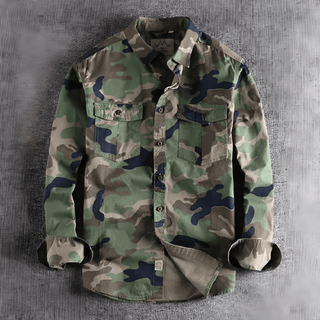 Camicia Uomo Camouflage Militare Verde Tasche Bottoni Monopetto Cotone Design Casual - DA NOTARE