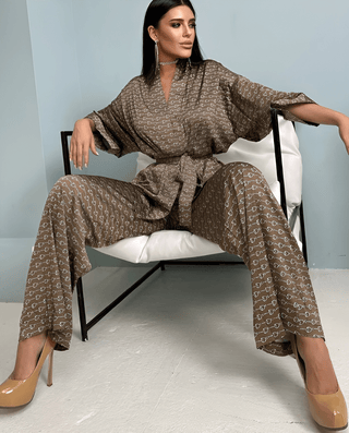 Completo Donna 2 Pezzi Kimono Scollo V manica Lunga Pantalone Palazzo Stampa Cintura Elegante - DA NOTARE