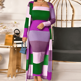 Completo Donna Abito Cardigan Elegante Righe Aderente Multicolore Longuette - DA NOTARE