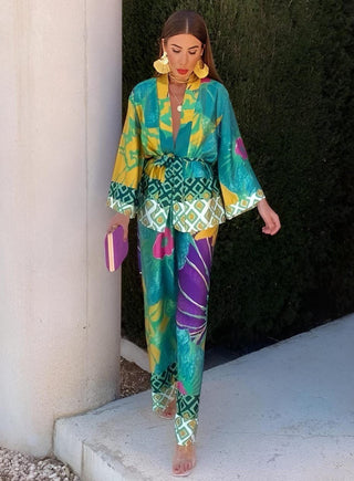 Completo Donna Kimono Manica Lunga Pantalone Fantasia Floreale Multicolore Scollo V Easy - DA NOTARE