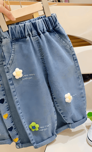 Jeans Bambina Motivo Floreale Molla Elastica Tasche Autunno Inverno Design Casual Wide Leg - DA NOTARE