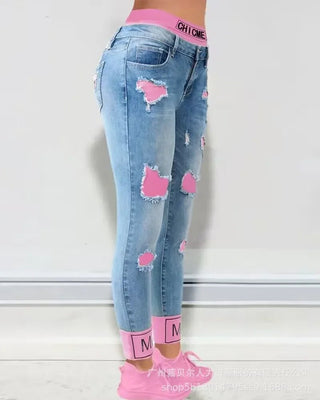 Jeans Donna Casual Strappato Ritaglio Patchwork Modello Capri Vita Alta Denim - DA NOTARE