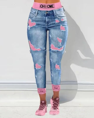 Jeans Donna Casual Strappato Ritaglio Patchwork Modello Capri Vita Alta Denim - DA NOTARE