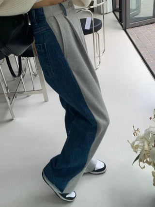 Jeans Donna Denim Streetwear Bicolore Oversize Zip Bottone Tasche Wide Leg - DA NOTARE