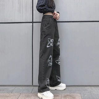 Jeans Vita Alta Donna Stampa Farfalla Pantalone Over Denim Gamba Larga Casual Streetwear - DA NOTARE