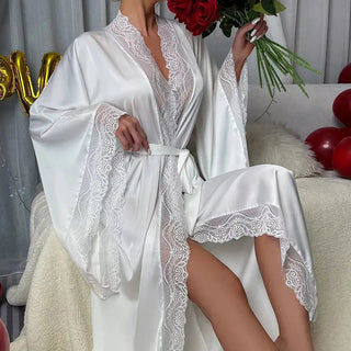 Kimono Donna Lungo Scollo V Tinta Unita Cintura Pizzo Manica Lunga Campana Sensuale Abbigliamento Casa - DA NOTARE