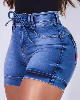 Pantaloncino Jeans Donna Casual Vita Alta Tasca Coulisse Skinny Denim Short - DA NOTARE