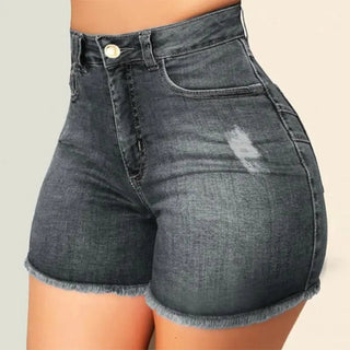 Pantaloncino Jeans Donna Vita Alta Tinta Unita Casual Aderente Vita Elastica Bottone Zip Tasche Laterali Posteriori - DA NOTARE