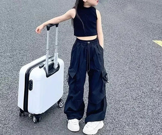 Pantalone Cargo Bimba Ragazz Oversize Tasche Wide Leg Elastico Tinta Unita - DA NOTARE