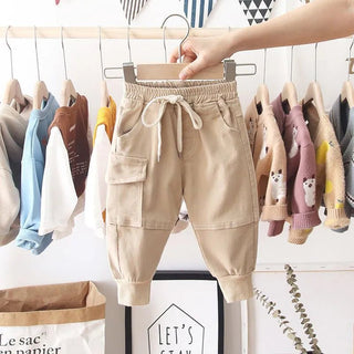 Pantalone Cargo Cotone Casual Bambini Tasche Molla Elastica Laccio Regolabile Tinta Unita - DA NOTARE