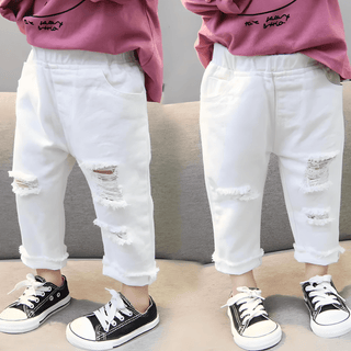 Pantalone Strappato Bimba Bianco Comodo Elastico Tasche Design Casual - DA NOTARE