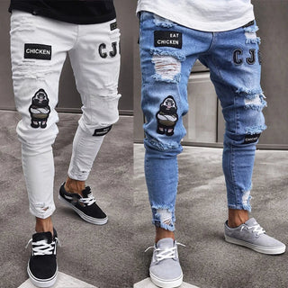 Pantalone Uomo Jeans Monocolore Strappi Toppe Denim Skinny Casual Bottone Cerniera - DA NOTARE