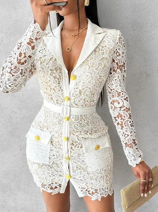 Vestito Camicia Elegante Donna Pizzo Bianco Manica Lunga Trasparenza Bottoni Oro Monopetto - DA NOTARE