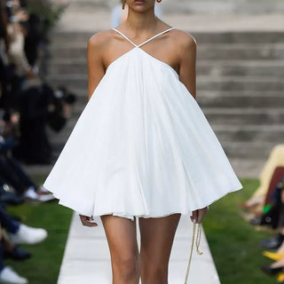 Vestito Donna Casual Elegante Monocolore Bianco Campana Scollo V Asimmetrico Schiena Scoperta - DA NOTARE
