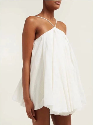Vestito Donna Casual Elegante Monocolore Bianco Campana Scollo V Asimmetrico Schiena Scoperta - DA NOTARE