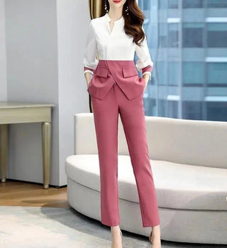 Tailleur Donna 2 Pezzi Blazer Monopetto Pantalone Bicolore Collo Coreano Elegante Lavoro Ufficio - DA NOTARE